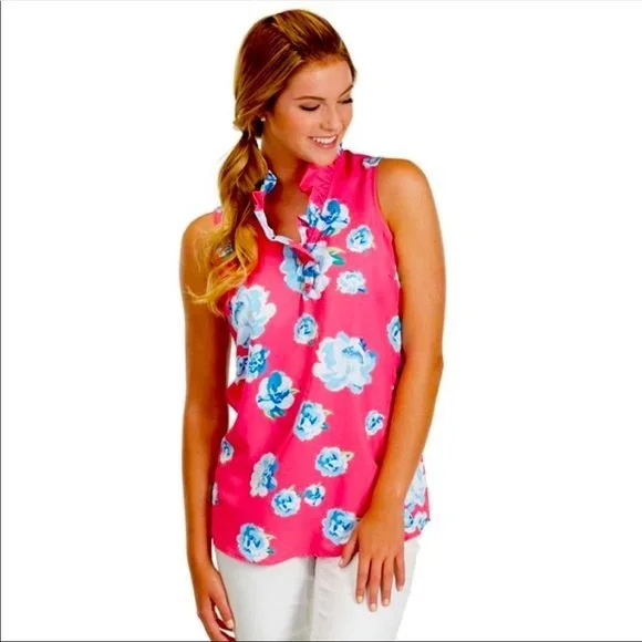 MUDPIE Pink Floral Whitney Sleeveless Tunic Top with Ruffled Neckline, Size S - Picture 3 of 9